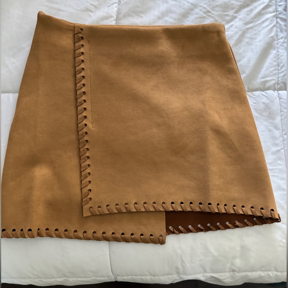 Chic Asymmetrical Suede Tan Skirt with Stitch Detailing